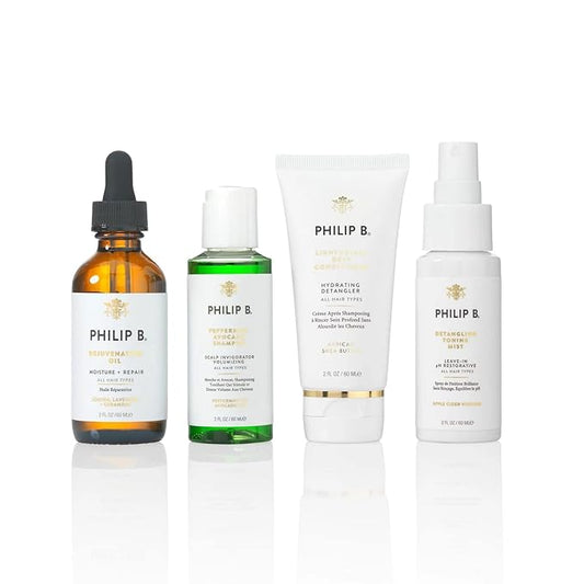 Philip B. 4 Step Discovery Kit - Includes Peppermint Avocado Shampoo, Rejuvenating Oil, Detangling Toning Mist & Lightweight Deep Conditioner, 2 fl oz Each