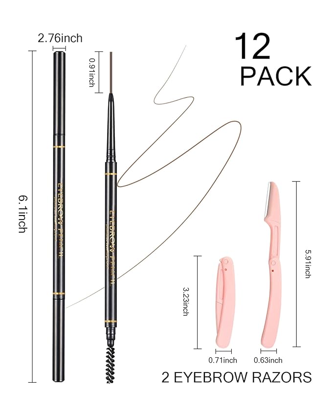 Dark Brown Eye Brow Pencils for Women, 6Pcs Waterproof Eyebrow Pencil, 1.5mm Micro-Fine Tip & Spiral Brush with Brow Razors Perfect for Creating a Natural and Delicate Eyebrow Look Makeup
