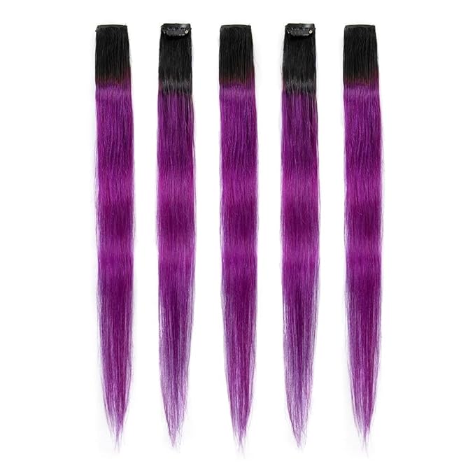 Winsky Purple Ombre Clip in Ombre Colored Hair Extensions 100% Real Human Hair - Hairpiece for Women Clip on 5 Pieces/set (18 Inch,1B-Purple)