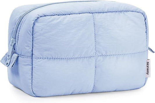 Narwey Puffy Makeup Bag for Travel Women Girl, Quilted Makeup Bag Cosmetic Bag, Cute Puffer Make Up Organizer Bags, Travel Toiletry Bag Toiletries (Blue)
