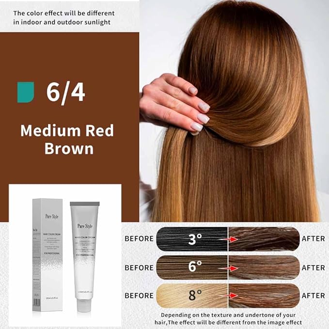 PureStyle 100ml Professional Permanent Hair Color Dye Cream Ammonia Free, Long Lasting Medium Red Brown Color, 100% Gray Coverage, Natural Shine, For All Hair Types Easy At Home Application
