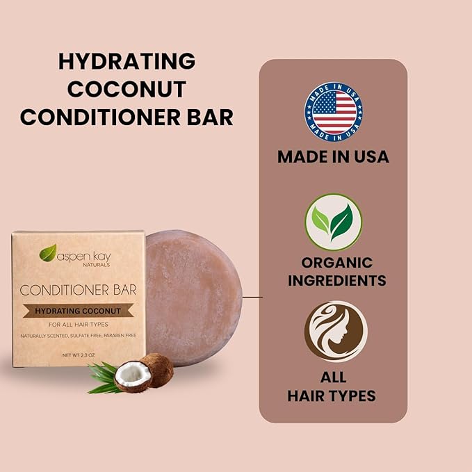 Coconut & Argan Oil Conditioner Bar, Deep Moisturizing for Dry Damaged Hair. Hydrating & Nourishing Solid Conditioner for Curly, Coily & Color Treated Hair, Vegan & Sulfate free, USA Made. 2.3 oz.