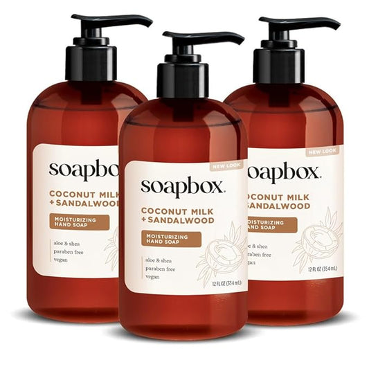 Soapbox Liquid Hand Soap, Coconut Milk & Sandalwood, Gentle & Moisturizing Hand Wash for Kitchen and Bathroom, Vegan & Cruelty Free Scented Hand Soap 12 Ounce Pump Bottles (Pack of 3)