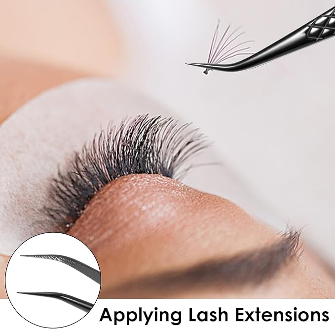 Lash Tweezers for Eyelash Extensions, Curved Degree Grip Isolation Tweezers Black Stainless Steel Professional Lash Tweezer for Individual Isolation and Classic Lashes