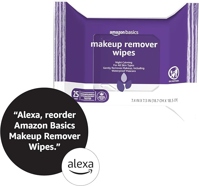 Amazon Basics Makeup Remover Wipes, Gentle Cleansing, Dermatologist Tested, Night Calming, Plant Based, Alcohol-Free, Removes Waterproof Mascara, 25 Count Per Pack, Pack of 1