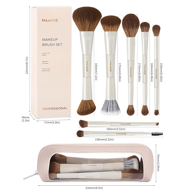 MAANGE Makeup Brush Set 14-In-7 Double Ended Essential Foundation Makeup Brushes for Powder Concealers Eye Shadows Blush Make Up Brushes with Travel Makeup Case
