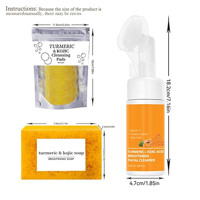 Turmeric Wash and Care Three Piece Set,Turmeric Facial Cleanser & Turmeric Soap Bar & Turmeric Face Scrub Pads,Face & Body Cleanser,Turmeric Cleansing Skincare Set, Deep Cleansing