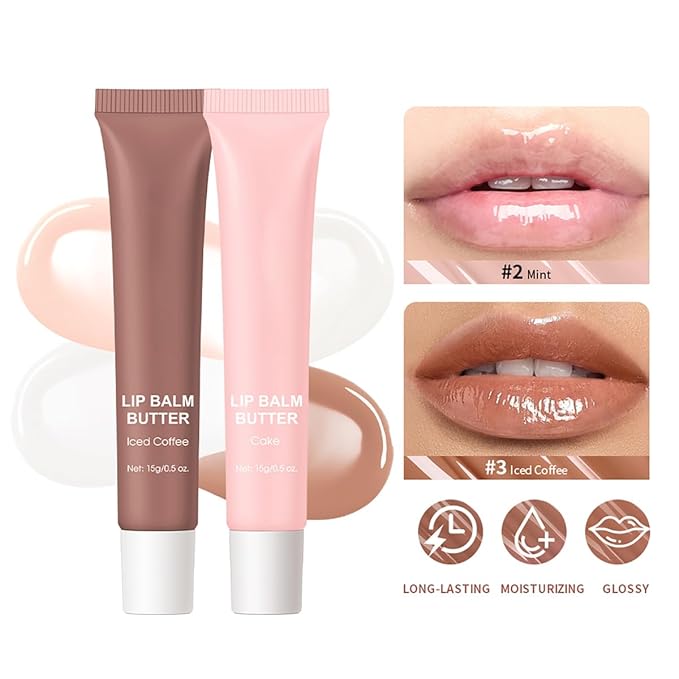 4 Flavors Lip Glossy Butter Balm Lip Tint Hydrating Lip Gloss, Soothes & Softens Dry Lips High Shine Nude Color Nourishing Lip Care Finish (04# Coke, 0.5oz)