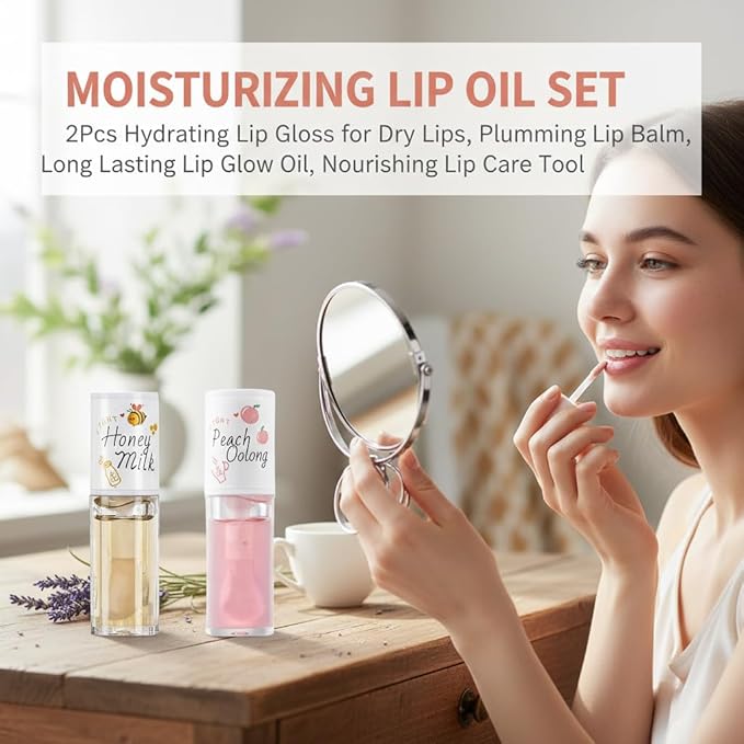 Crystal Jelly Moisturizing Lip Oil 2Pcs Hydrating Lip Gloss Set Plumping Lip Oil Balm Long Lasting Glow Oil Lip Care Tools