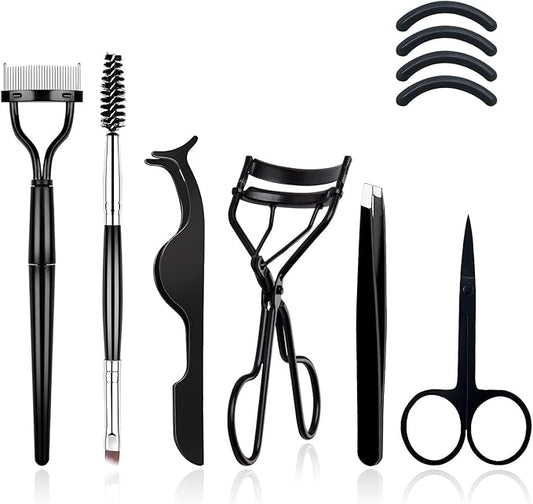 EBANKU 7pcs Eyelash Comb Brush Tools Eyebrow Brush Comb Eyelash Separator Tool Professional Eye Brow Spoolie Brushes for Makeup Grooming Eyelash Curler Silicone Refill Pads Tweezers Scissors