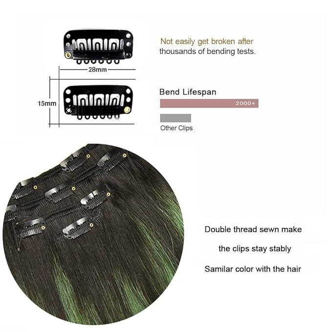 18" Clip in Hair Extensions Remy Human Hair Teal Balayage for Women - Silky Straight 100% Real Human Hair 60grams 4pieces #(1B/Teal) T1B Color