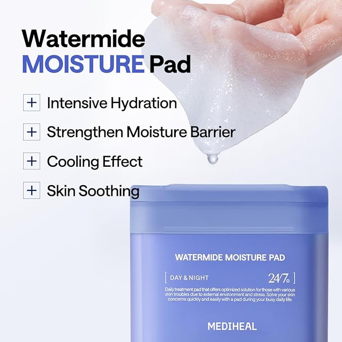 MEDIHEAL Toner Pads [Watermide] - Moisture Pad for Intensive Hydration & Soothing - Contains Squalane to Increase Absorption Rate - Vegan Derma Gel Texture Pad (100 Count)
