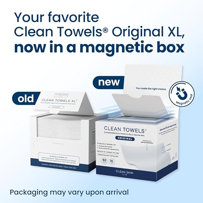 Clean Skin Club Clean Towels XL®, 100% USDA Biobased Face Towel, Disposable Face Towelette, Eczema Association Accepted, Makeup Remover Dry Wipes, Ultra Soft, 50 ct per pack, 3 Packs, 150 Ct Total