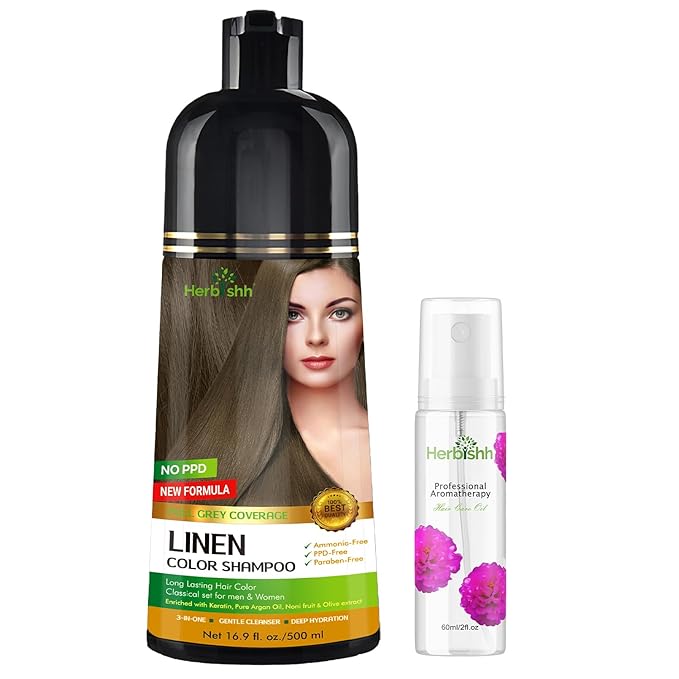 Herbishh Lenin Hair Color Shampoo - 3-In-1 Magic Dye for Gray Hair 500 Ml + Essential Flower Hair Oil - Organic Formula for Dry, Damaged Hair 60 ML