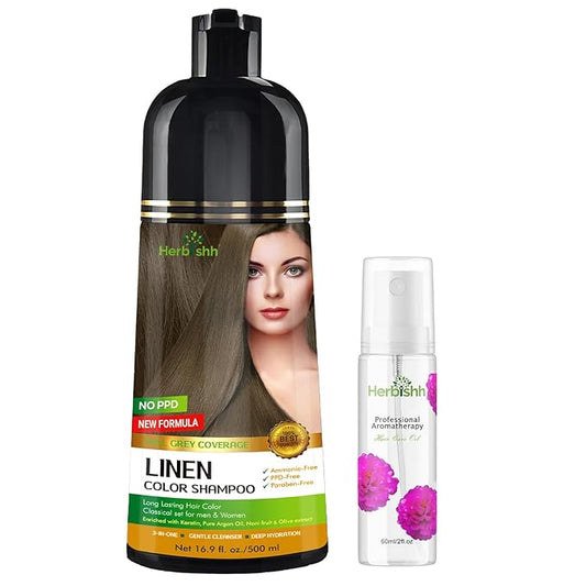 Herbishh Lenin Hair Color Shampoo - 3-In-1 Magic Dye for Gray Hair 500 Ml + Essential Flower Hair Oil - Organic Formula for Dry, Damaged Hair 60 ML