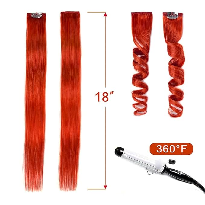 Winsky Orange-red Hair Extensions Girls Clip in Human Hair - 100% Straight Party Highlights Clip on Colored Hair Extensions 5 Pieces/Set (18inch,Orange-red)