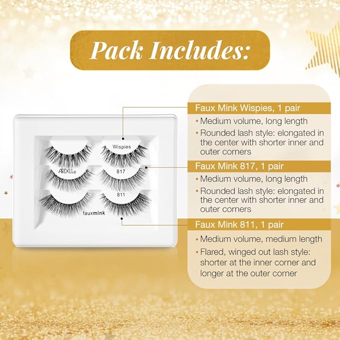 Ardell Faux Mink Lashes – Natural Look False Eyelashes, Wispy Lashes with Invisiband, Wispies, 817 & 811, Soft & Fluffy Lash Strips, Holiday Gift Set, 3 Pairs