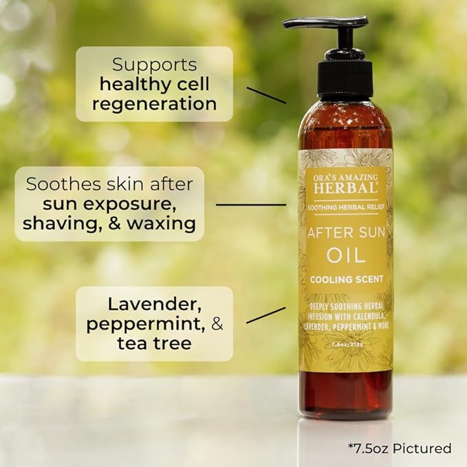 Ora's Amazing Herbal After Shave Oil For Women, After Sun and Dry Skin Moisturizer, Botanical Nourishing Herbs and Essential Oils, Razor Burn, Sunburn Relief, 7.5 oz with Pump