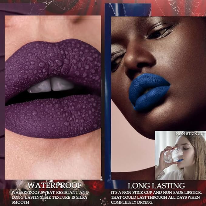 evpct 3Pcs Dark Blue Black Purple Matte Liquid Lipsticks Lip Gloss Stain Makeup Sets Smudge Proof, Skull Face 24 Hour Long Lasting Liquid Matte Lipstick Waterproof labial mate larga duracion 24