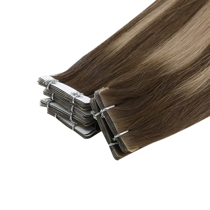 Full Shine Injection Tape in Hair Extensions 5Pcs 20 Inch Seamless Skin Weft Tape in Extensions Color 4 Brown Fading to 27 Blonde And 4 Brown Virgin Hair Extensions Real Remy Human Hair 12.5 Gram