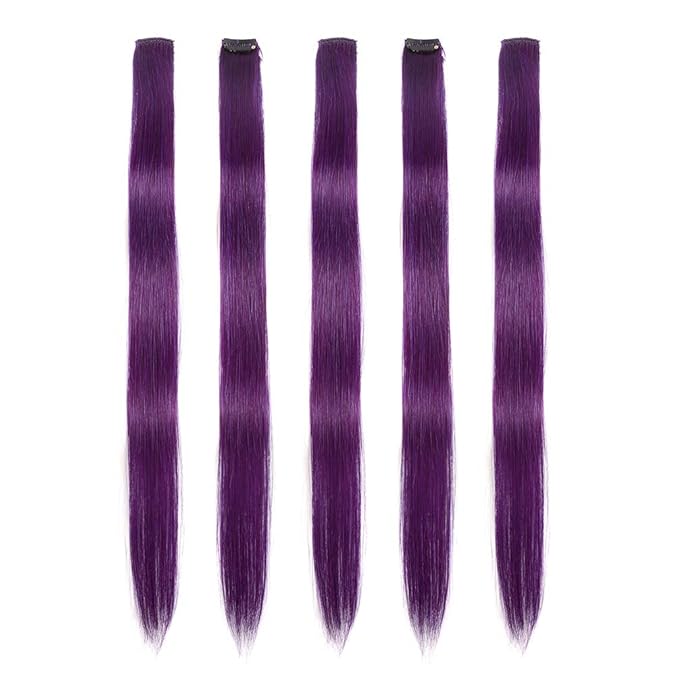 Winsky Purple Clip in Hair Extensions - 100% Real Human Hair Colored Girls Halloween Hair Pieces 5 Pieces/Set (18inch,Purple)