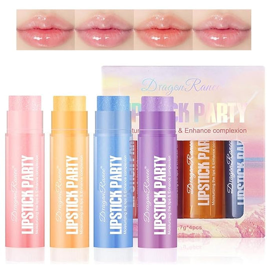 4 Pcs Shimmer Tinted Lip Balm Set, Hydrating Color changing Lipstick, Moisturizing Tinted Lip Gloss, Long Lasting Nutritious Balm Gift Set