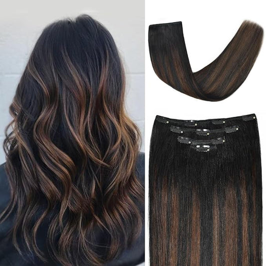22" Clip in Hair Extensions Remy Human Hair for Women - Silky Straight Balayage Clip on Real Hair Extensions 90grams 4pieces (22inches, #(1BT4) P1B)