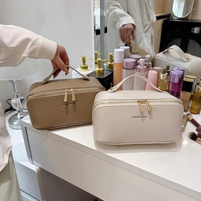 Large Capacity Checkered Makeup Bags Portable Travel Cosmetic Bags Open-Flat Toiletry Bag for Women Girls Make Up Organizer with Divider Pouch Zipper Bag (C-Khaki)