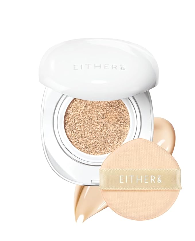 EITHER& Glow Pixel Cushion Foundation, Skincare Formula, Dewy Glass Skin, Lightweight & Long-Lasting 100H Wear, Buildable Hydrating Korean Cushion (21P Rosy, 12g)