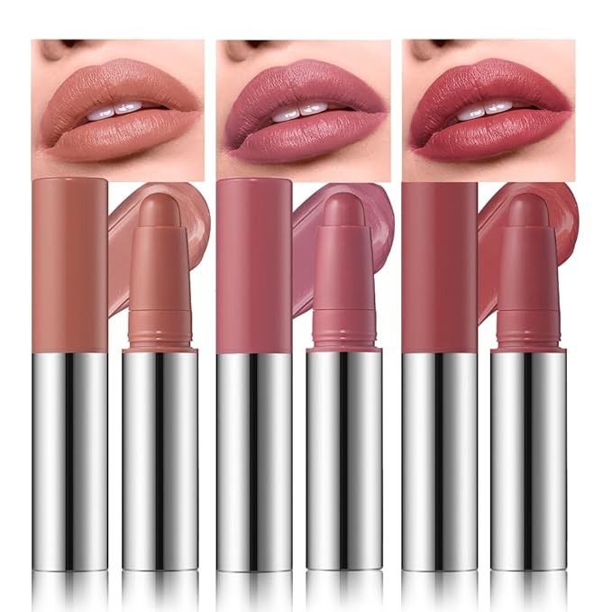 Matte Lipstick Crayon Set, Muted Nude Brown & Dusty Rose Mauve & Deep Rosewood – Waterproof Long Lasting Lip Liner Pencil, High Pigment Creamy Velvet Lipstick, Non-Drying Lip Color for Women, 01+02+04
