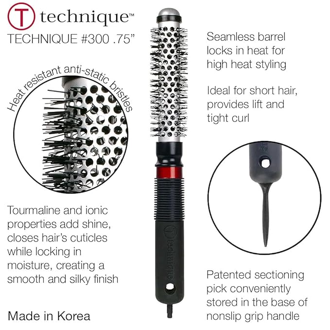 Cricket Technique Thermal Hair Brush #300 0.75” for Blow-Drying, Curling, and Styling – Heat-Retaining Barrel with Anti-Static Tourmaline Bristles, Round Thermal Brush, Not Electric, All Hair Types