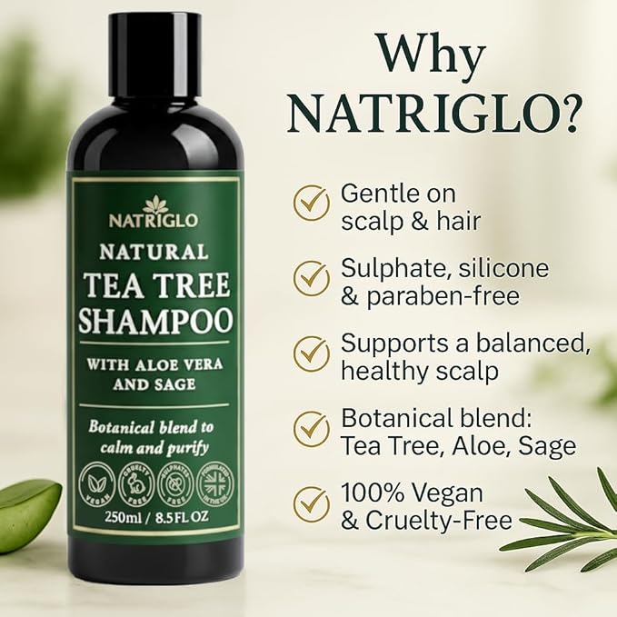 Organic Tea Tree Oil Shampoo | Anti Dandruff | Sulfate Free Shampoo for Itchy Scalp, Dry, Flaky Hair | Sensitive Scalp Care | Natural, Vegan, SLS Free, Cruelty Free | Women | Men
