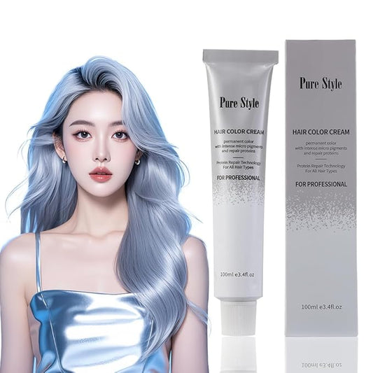 PureStyle 100ml Professional Permanent Hair Color Dye Cream Ammonia Free, Long Lasting Ash Blue Grey Color, 100% Gray Coverage, Natural Shine, For All Hair Types Easy At Home Application