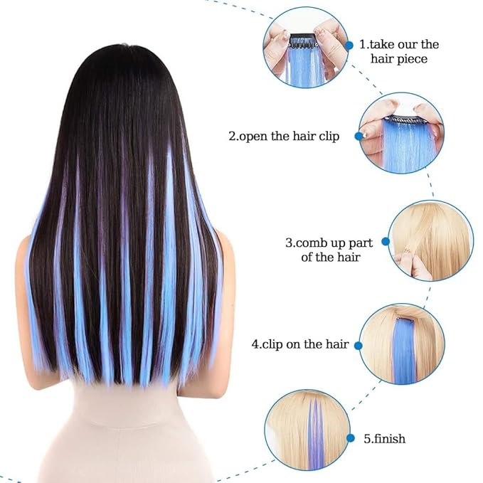 Winsky Purple-blue Clip in Colored Hair Extensions 100% Real Human Hair Straight Highlights Girls Clip on Hairpieces 5 Pieces/Set (18inch, Purple-blue)
