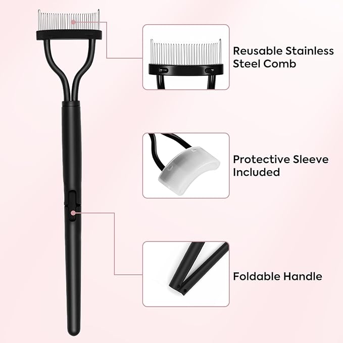 Foldable Eyelash Separator Comb, Stainless Steel Curved Lash Definer, Mascara Comb & Clump Remover Tool for Natural, Flawless Lashes
