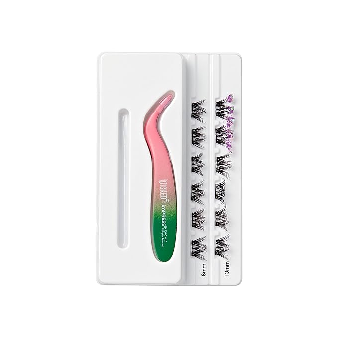 imPRESS X WICKED: FOR GOOD Press On Self Adhesive Eyelashes, ‘Forever My Friend’, 8mm-10mm Natural Volume Press On Lashes, Purple Glitter, 12 Lash Clusters & Non-Stick Mini Applicator