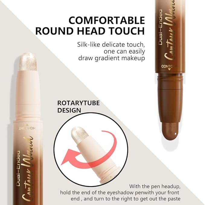 Dual-Ended 2-in-1 Cream Contour & Highlighter Stick Makeup For Face & Body – Waterproof, Long-Lasting, Suitable for All Skin Tones, 05#Nuetral Nude + Silver Shimmer