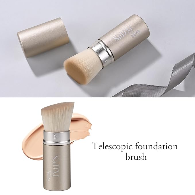 Kabuki Foundation Makeup Brush, White, Synthetic Hair, Professional Face Brush with Retractable Handle, Portable Wand Design