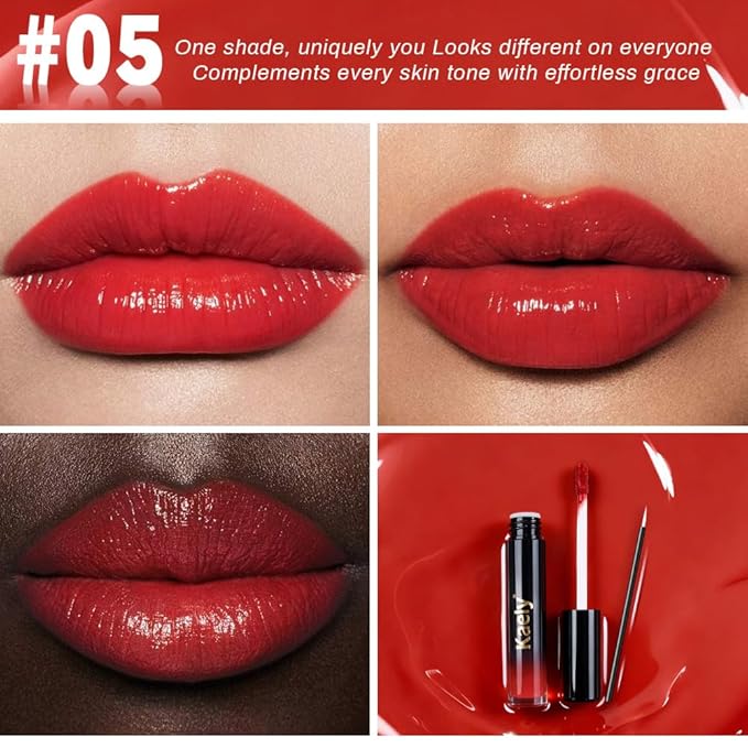 Kaely Longwear Shine Lipstick for Women, Highly Pigmented Liquid Lip Color Makeup, Non-Transfer Lip Gloss Stain Waterproof Smudge Proof 24 Hour, Glossy Finish, Vegan & Cruelty-free, 05 RED HOT