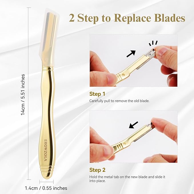 Eyebrow Razor for Women and Men, Face Razors for Women, Dermaplane Razor with Protective Silicone Cover, Reusable Metal Handle with 6 Refill Blades, Skin Care Tool, Gold
