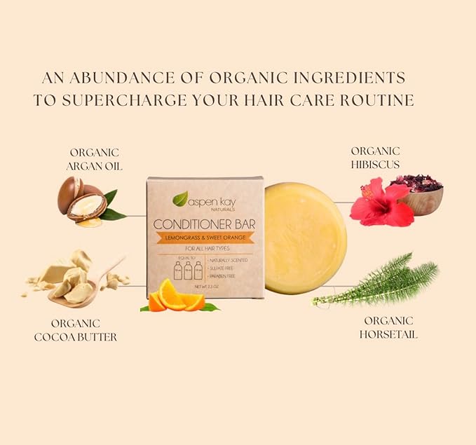 Aspen Kay Naturals Conditioner Bar, Lemongrass, 2.3 Ounce. Made With Natural & Organic Ingredients, All Hair Types including frizzy hair, Sulfate-Free, Cruelty-Free & Vegan
