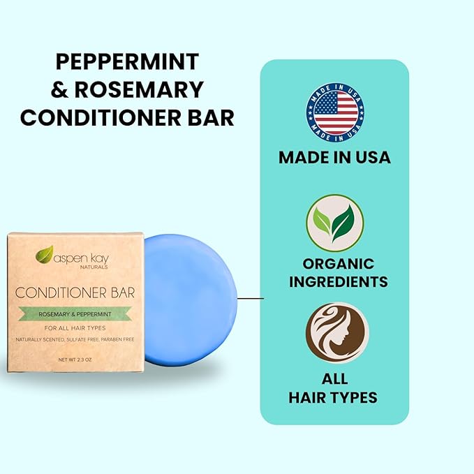 Aspen Kay Naturals Conditioner Bar, Made With Natural & Organic Ingredients, All Hair Types including frizzy hair, 2.3 Ounce Bar. (Rosemary & Peppermint)