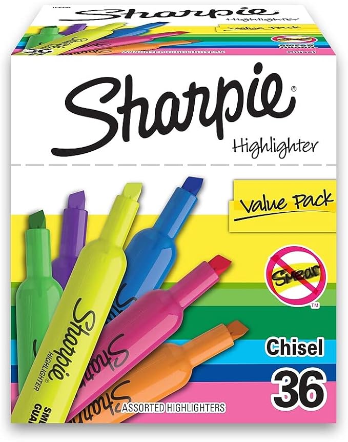 Sharpie Tank Highlighters, Fluorescent And Pastel Highlighters, Chisel Tip, Highlighter Markers Set, Assorted Colors, Value Pack, 36 Count - School, Office, Teacher Supplies