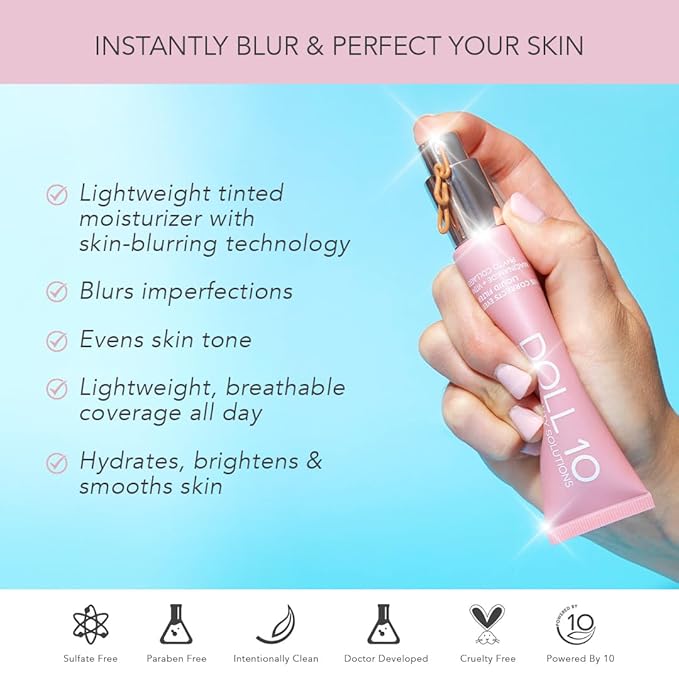 Doll 10 TCE Liquid Filter – CC Cream - Liquid Foundation - Lightweight Tinted Moisturizer & Skin Tint - Blurs Pores & Fine Lines - Vegan - Clean Makeup - [Light/Medium] - 30 Day Supply