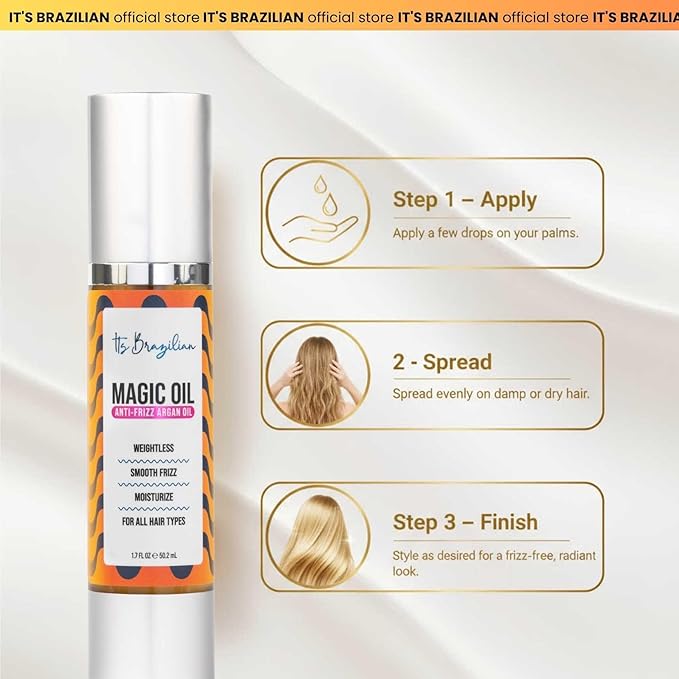 IT'S BRAZILIAN Magic Oil – Anti-Frizz Argan Oil Hair Serum, Weightless Shine & Smooth Feel – 1.7 fl oz – Moisturizes & Tames Flyaways – For All Hair Types
