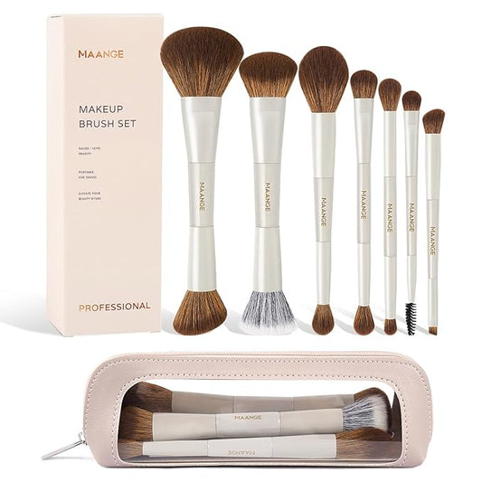 MAANGE Makeup Brush Set 14-In-7 Double Ended Essential Foundation Makeup Brushes for Powder Concealers Eye Shadows Blush Make Up Brushes with Travel Makeup Case