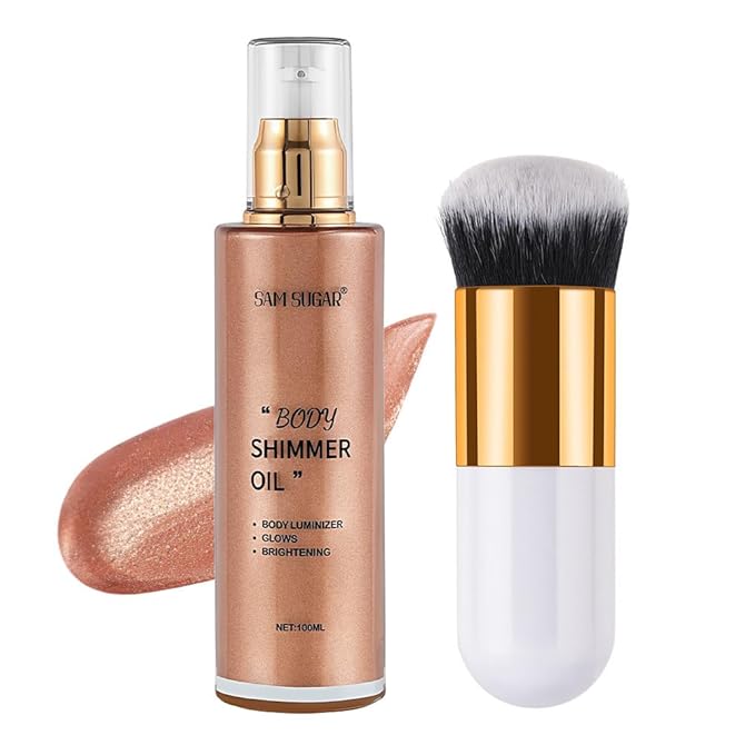 SAM SUGAR Shimmer Body Oil 3.38 Fl OZ Long Lasting Liquid Illuminator with Brush for Body Glow Illuminating Body Moisturizer 100ml Body & Face Highlighter for a Radiant Glow（03#）