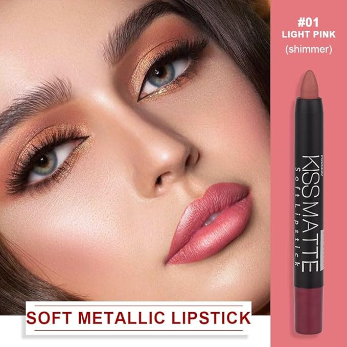 Deep Dark Red Matte Lipstick and Lip Crayon Liner Pencil Pen Set for Women Lip Stain Long Lasting Waterproof labiales (1, 1Pcs 01# Light Pink Metallic)