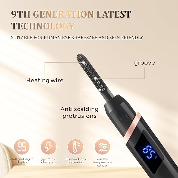 Heated Eyelash Curler for Women - Rechargeable Electric Eyelash Curler with 4 Heat Settings,Long-Lasting Curling Tool Includes Eyelash Brush,LED Display,Best for Women's Makeup (Black)