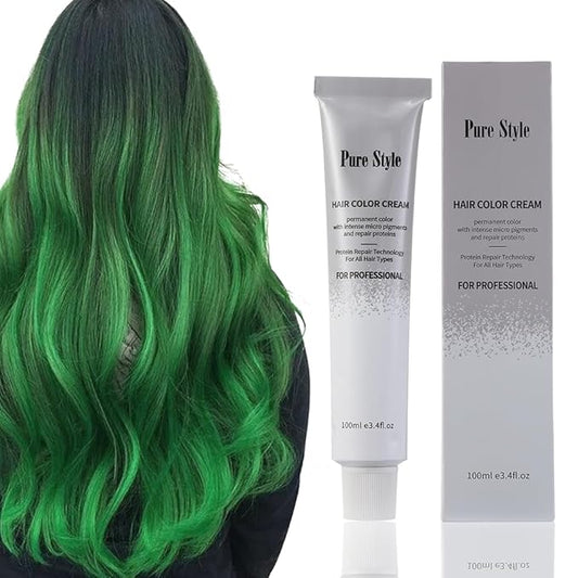 PureStyle 100g Professional Permanent Hair Color Dye Cream Ammonia Free, Long Lasting Green Color, Natural Shine, For All Hair Types Easy At Home Application (0/22 Green)